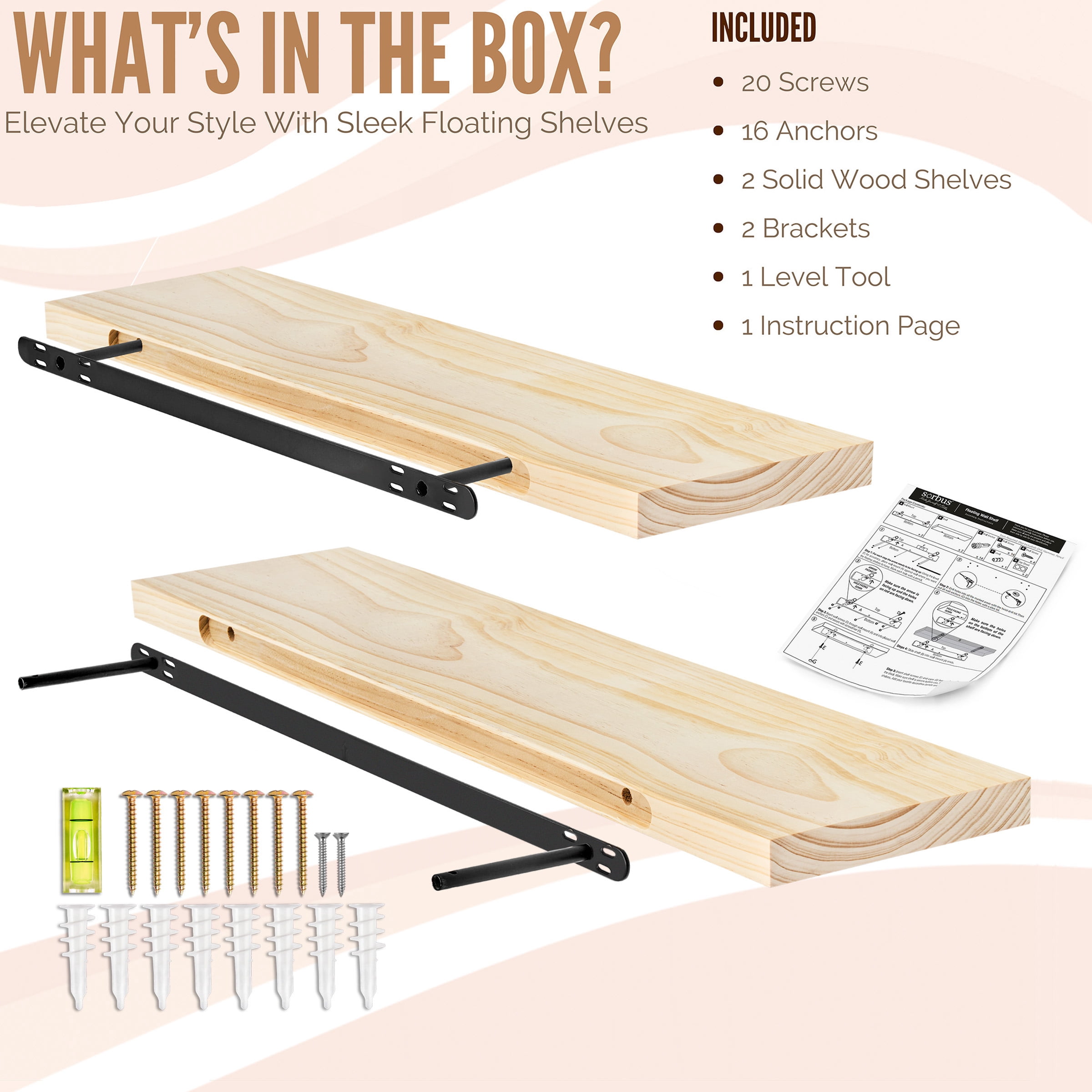 Sorbus Wood Floating Shelves for Wall - 35” Solid Wood Wall Shelves for Bathroom Decor, Books, Bedroom & Living Room - Set of 2 Wall Mounted Kitchen Shelves - Durable 100% Premium Solid Pine