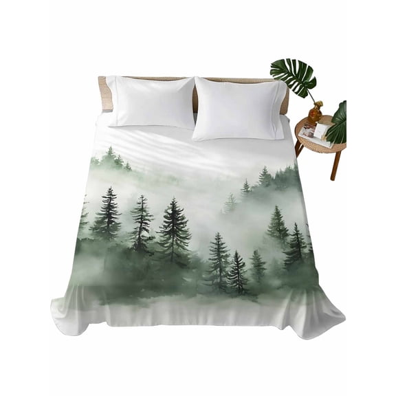 Full Flat Sheet 81"x96", Foggy Forest Soft Lightweight Bedding Flat Sheets Only, Green Mist Mountain Natural Landscape Brushed Microfiber Top Bed Sheet, Breathable StainResistant Bedsheets