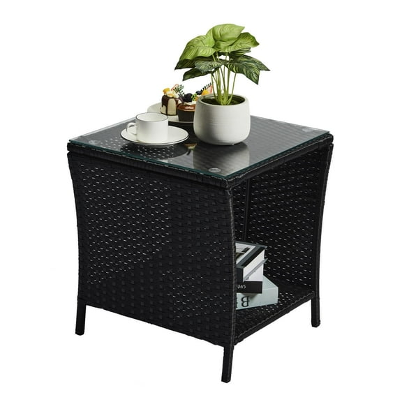 SEGMART Outdoor Wicker Side Table, All Weather Resistant Patio Bistro Table, PE Rattan Coffee End Table with Storage Shelf for Deck, Poolside, Terrace, Black