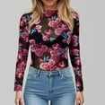 thumbnail image 2 of Lace Mesh Sheer Long Sleeve Tops for Women Layering Floral Embroidery See Through Tee Fitted Tight T Shirts Blouses Hot Pink 2XL, 2 of 7