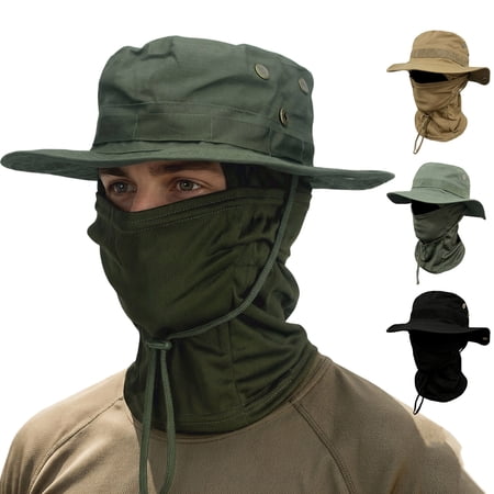 AHTJRT Camo Boonie Hat for Men Summer UV UPF 50+ Balaclava Face Mask Wide Brim Sun Hats Wild Hunting Hiking Bucket Caps with Adjustable Strap Dark Green Free Size