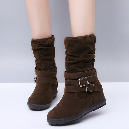 

FZM Women shoes cowboy boots Women Buckle Keep Toe Shoes Snow Booties Warm Middle Strap Color Round Solid Flat Retro Women s Boots