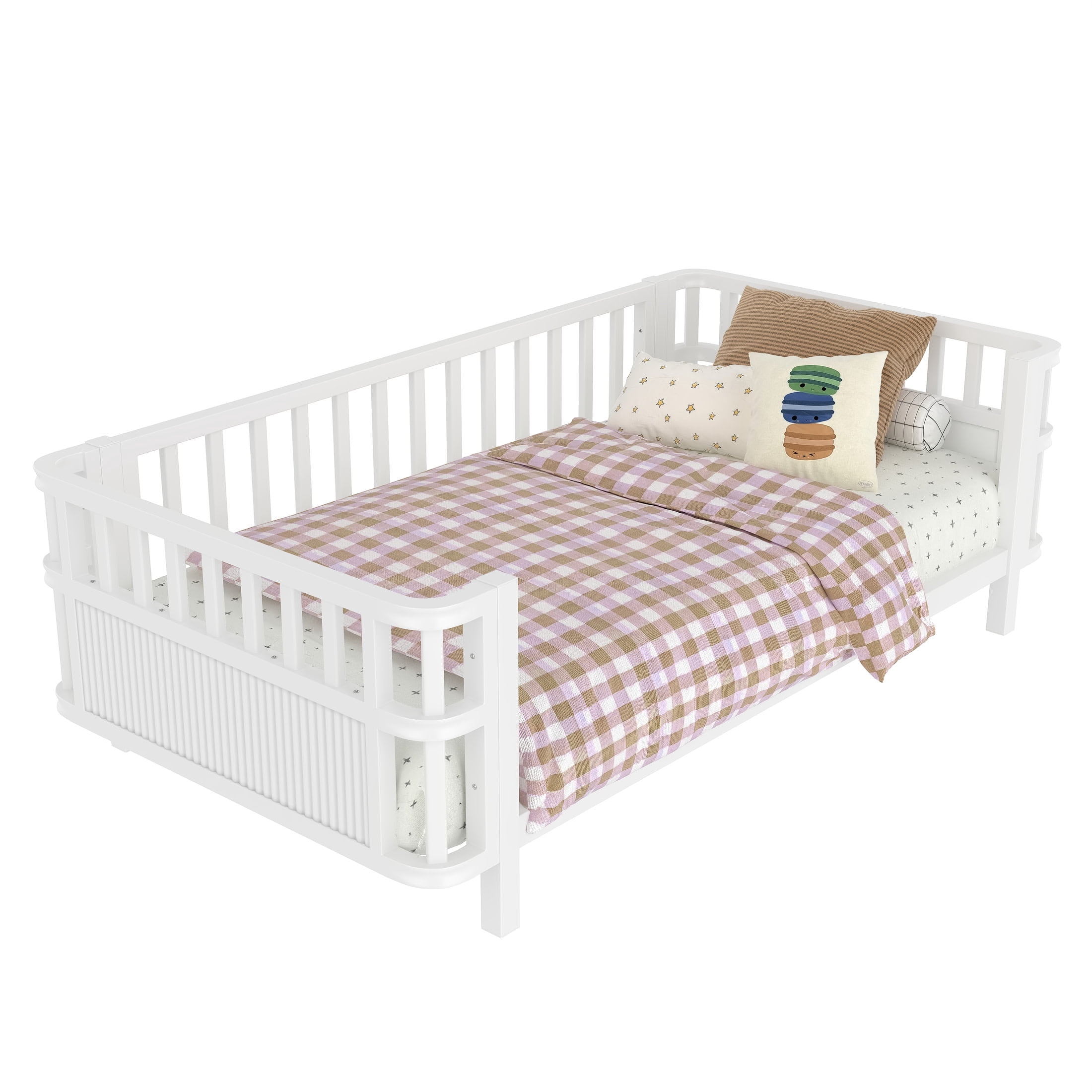 Noble House Twin Size Kids Platform Bed Frame with Three-Sided Safety Guardrails, Removable Rail, White
