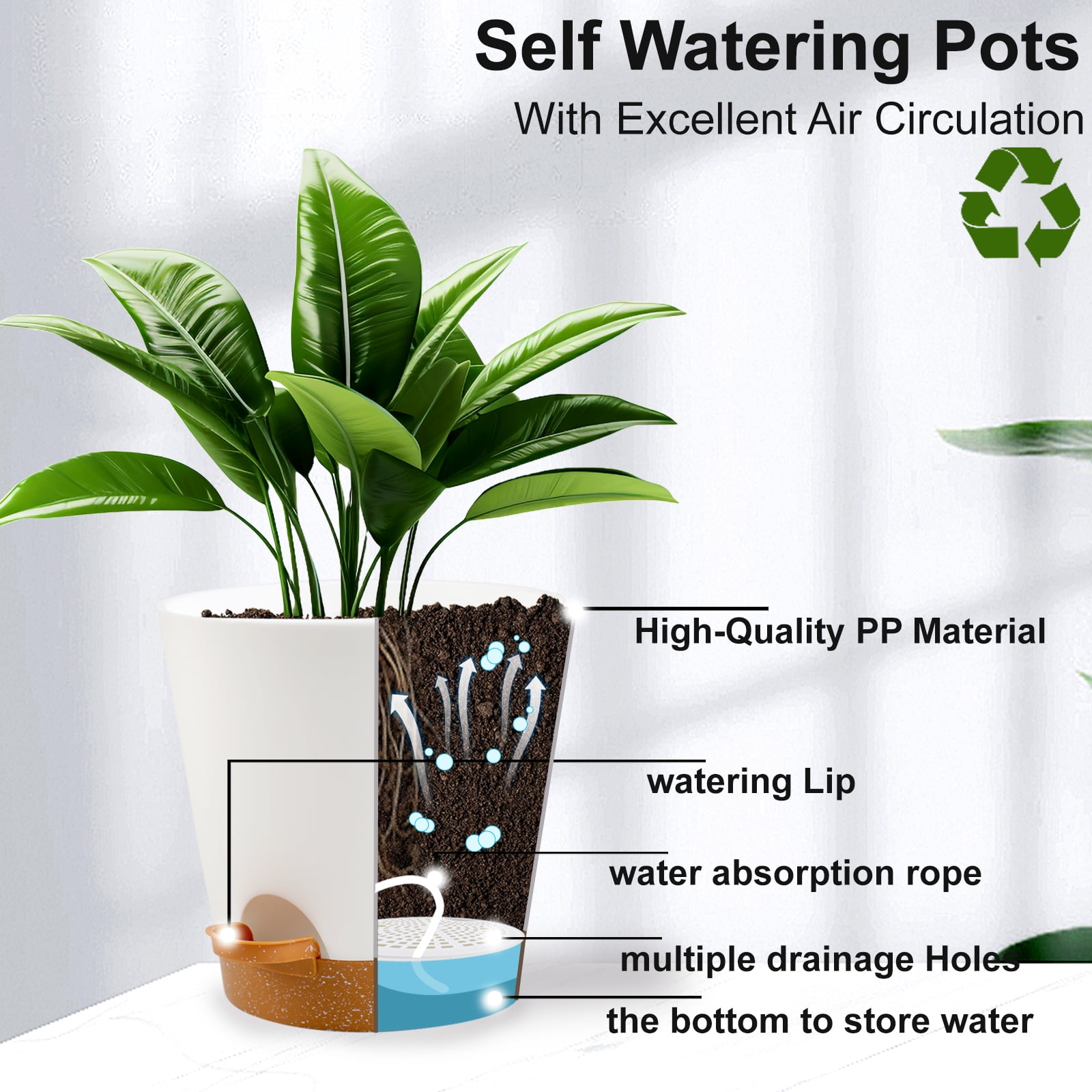 <p>Guirnd Indoor Self Watering Planters with Drainage Holes and Saucers,8,7,6.5,6,5.5,5 inches,White, 6 Pots</p>