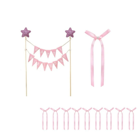Durable Pink Bow Ribbon Cake Topper,1Pack,Portable Cake Pick Bunting Decor,QZS Pre-Strung Cake Topper for Party Decoration