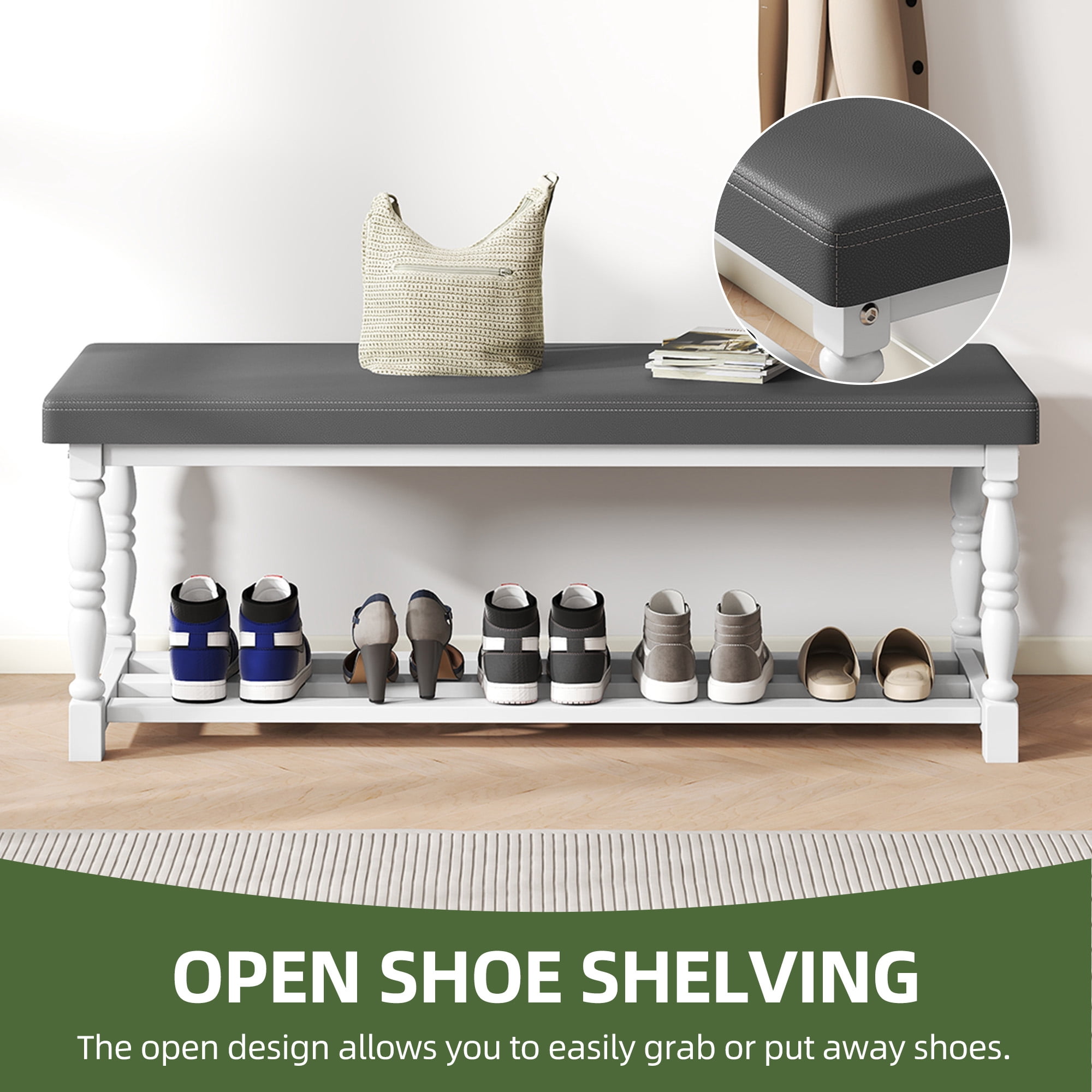 Uforic 48" Rectangular Shoe Bench with Shelves, Storage & Cushioned  Seat,Shoe Rack with Roman Style Legs - White & Gray