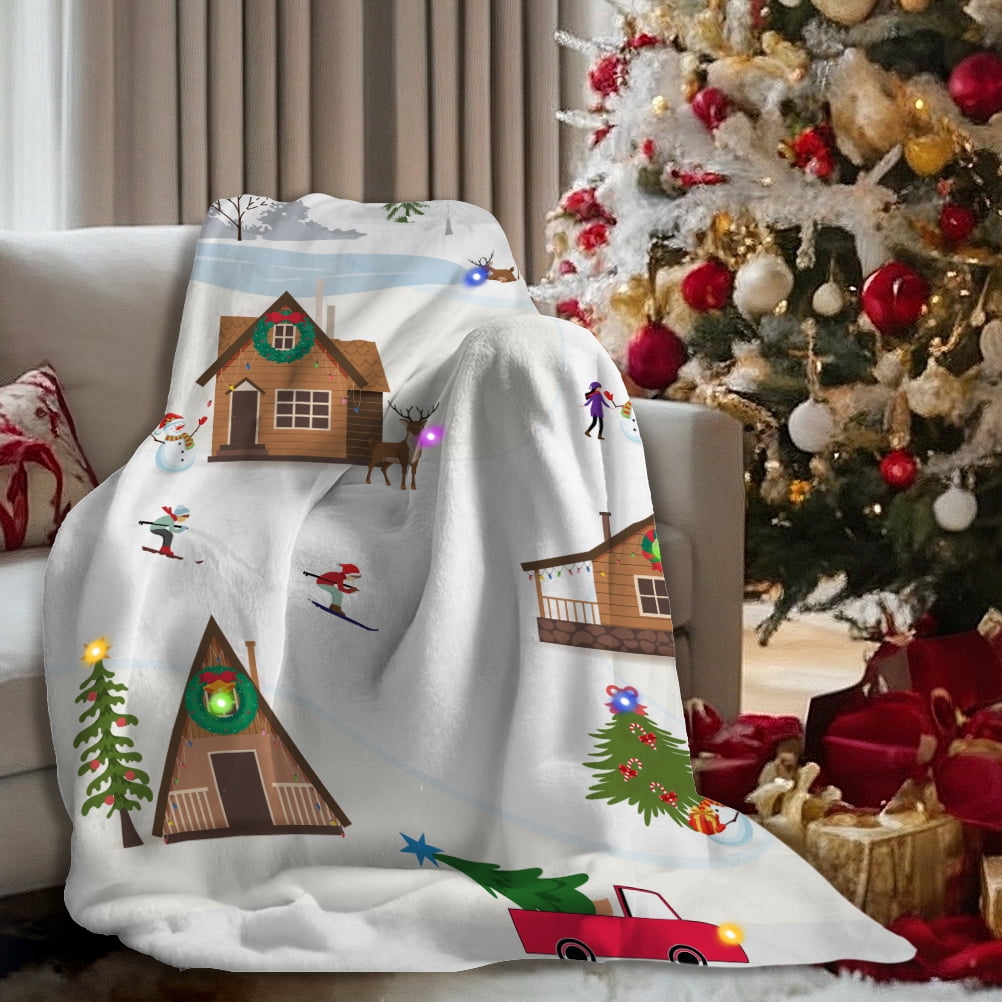 Lit Holiday LED Throw, Christmas Village Blanket with Soft Fabric, 3 Lighting Modes, 50” x 60”
