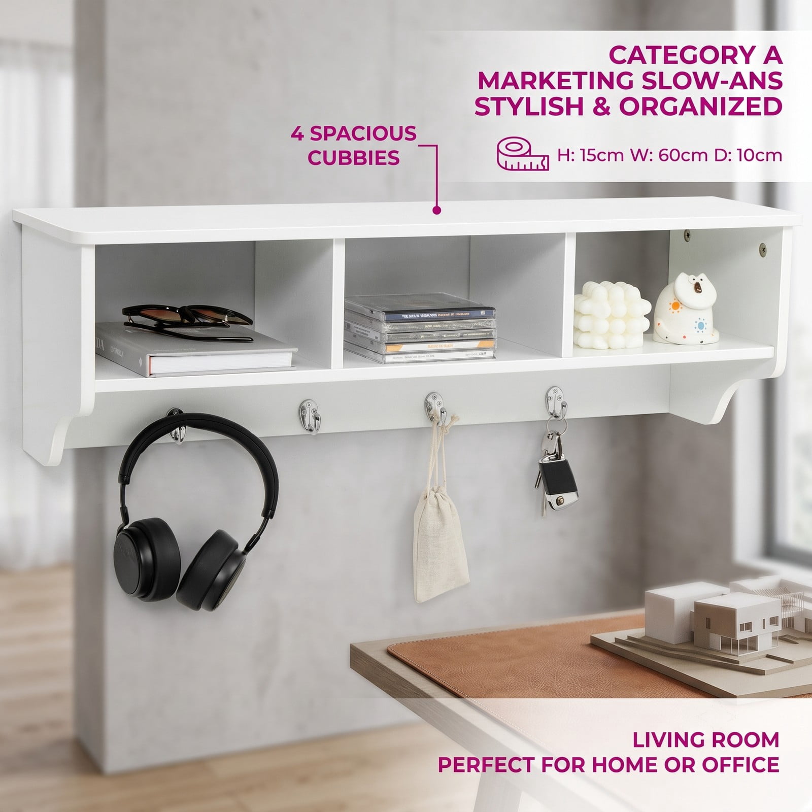 Furnibear Wall Mounted Coat and Hat Rack with Cubby Storage Shelf and 4 Hooks for Entryway Living Room and Bathroom, White