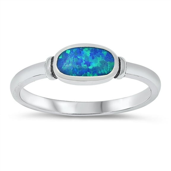 Oval Bezel Set Blue Simulated Opal Sideways Ring Sterling Silver Size 6