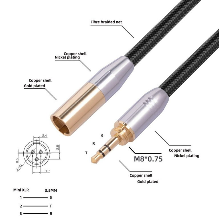 for Camera Aluminum Foil Shield Male To Male Mic Cable Audio Cable 3.5mm  Jack To Mini XLR 6.35mm Adapter Cord 30CM 
