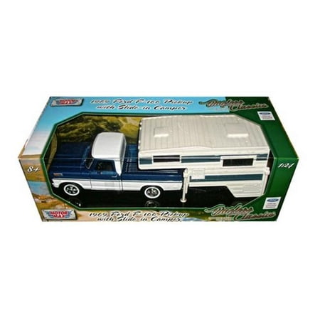 1969 Ford F-100 Pickup Truck with Slide-In Camper Blue and White 1/24 Diecast Model by