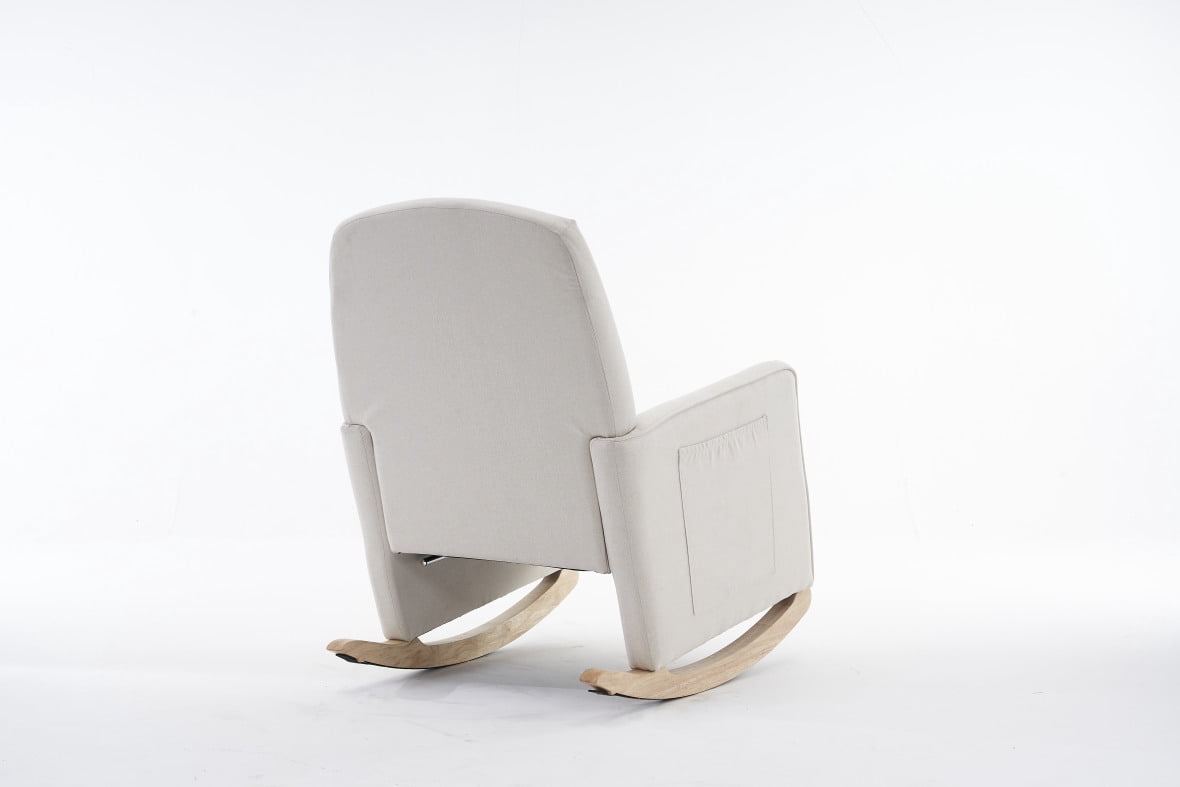Nursery Rocking Chair with Adjustable Footrest & Ergonomic Backrest, Cotton Linen Fabric Glider Chair with Side Pocket & Thick Seat Cushion, Rocking Accent Chair for Living Room Bedroom Office, Beige