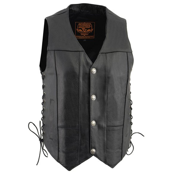 Milwaukee Leather LKM3701 Gilet de Motard Classique en Cuir Noir pour Hommes avec Boutons-Pression Buffalo et Lacets Latéraux - Petit
