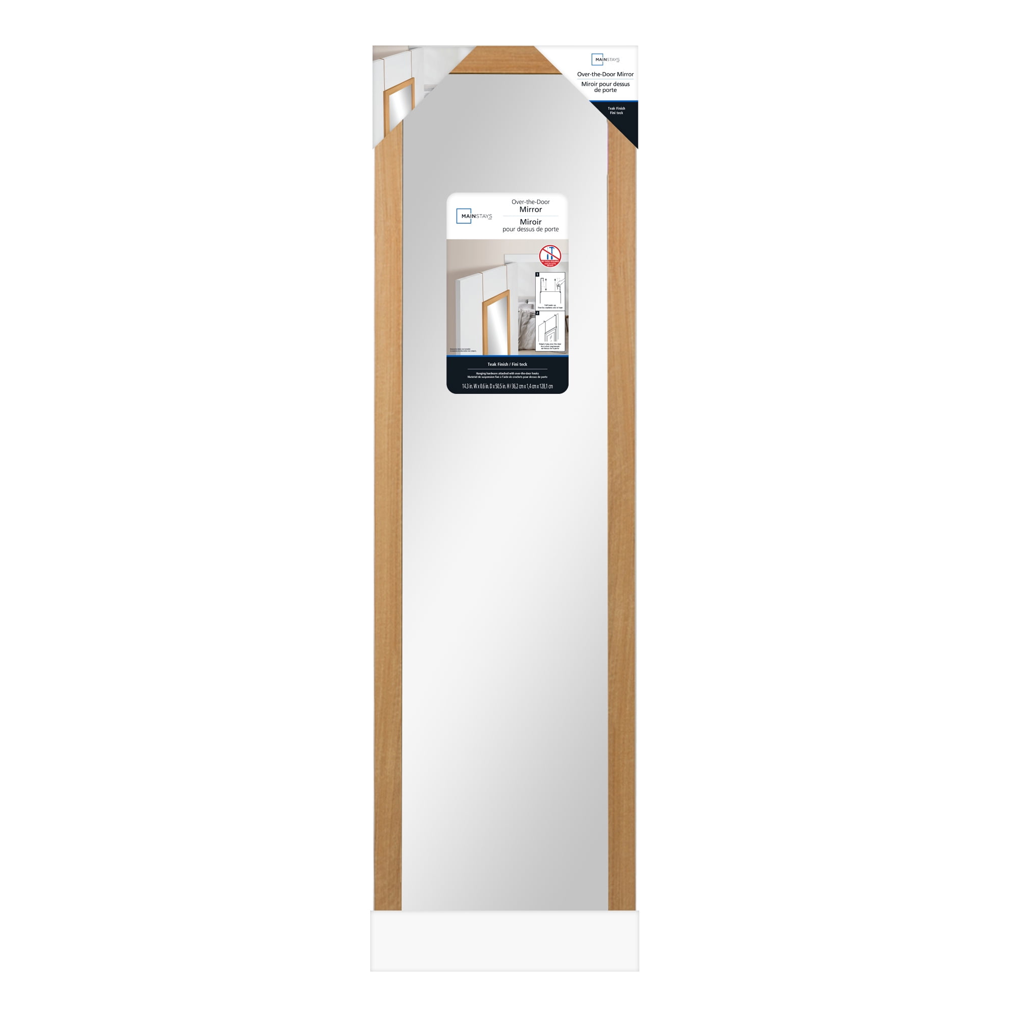 Mainstays Art Gallery Over the Door Framed Mirror, Full Length Mirror with Two Hooks, Teak-Look finish, 14.25x50.45in