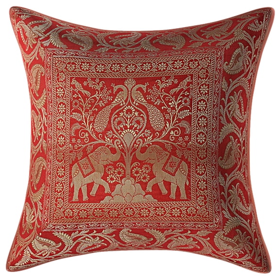 Stylo Culture Indian Decorative Throw Pillow Cover 16x16 Jacquard Peacock Red Traditional 40 x 40 cm Home Decor Brocade Elephant Zippered Square Cushion Cover | 1 Pc