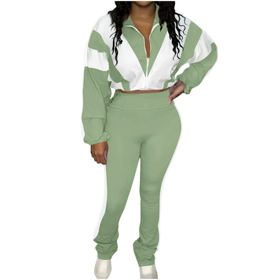 Fmbrln Womens 2 Piece Sweatsuit Sets Full Zip Up Long Sleeve Cropped Coat and Stretchy Waist Joggers Pants Sets Lounge Wotkout Outfits Green S