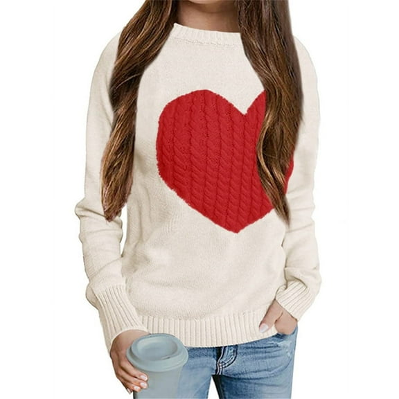 Kids Heart Print Long Sleeve Knit Sweater Fall Winter Girls Pullover