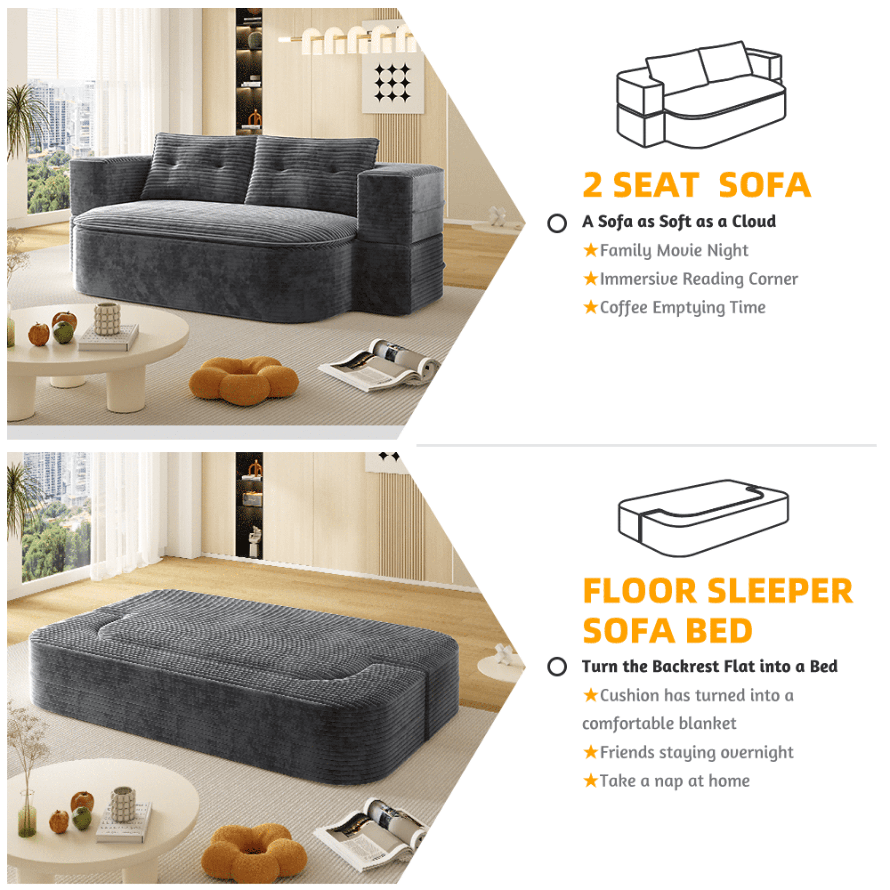 NeoKo 78" Full Size Floor Sofa, Folding Queen Sleeper Couch, Futon Loveseat Sofa, Corduroy Boneless Loveseat Couch, Fold Mattress Bed for Living Room, Guest Use, Office, Apartment, Dark Grey