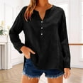 thumbnail image 2 of Long Sleeve Shirts for Women Linen V Neck Buttons Loose Tops Side Slit Hem Solid Color Casual Breathable Blouse Tops, 2 of 9