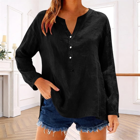XPMWRP Womens Button Down Henley Shirts Long Sleeve Cotton Linen Shirt V Neck Casual Loose Tops Solid Color Summer Blouses Black S