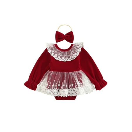 

Kupretty Infant Girls Velvet Romper Lace Patchwork Jumpsuits with Headband