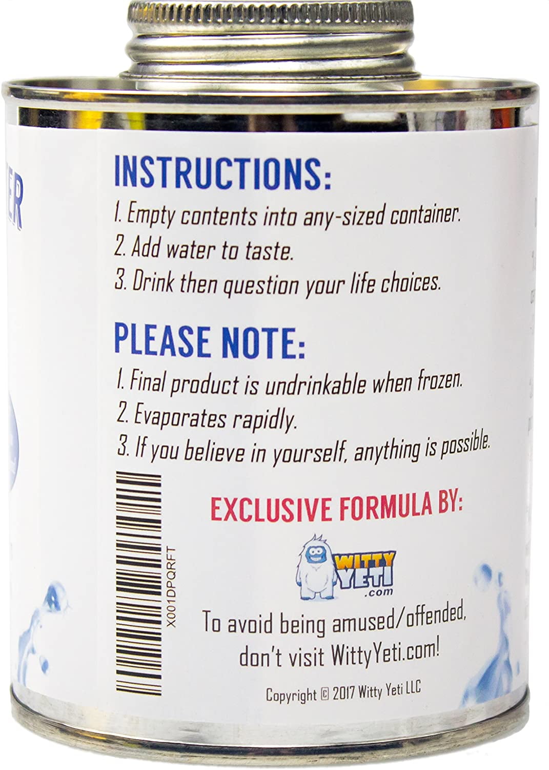 Witty Yeti White Label 16 oz Silver Dehydrated Water Can, Funny Gag Gift and Novelty Toy