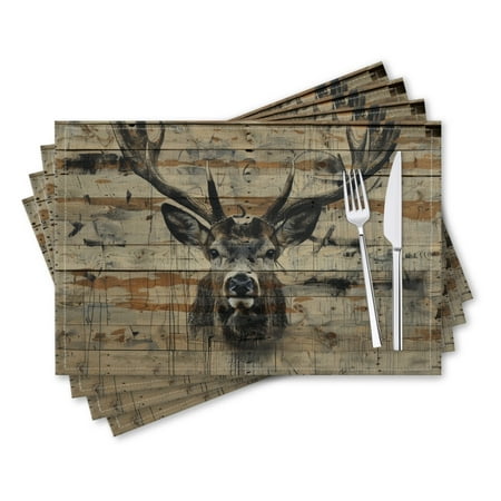 

BaHomeck placemats Set of 4 rectangle Linen Cotton Placemats for Dining Table Washable Heat Resistant 18*12inch Head Of Deer With Antlers On The Wall Is Painted In Brown