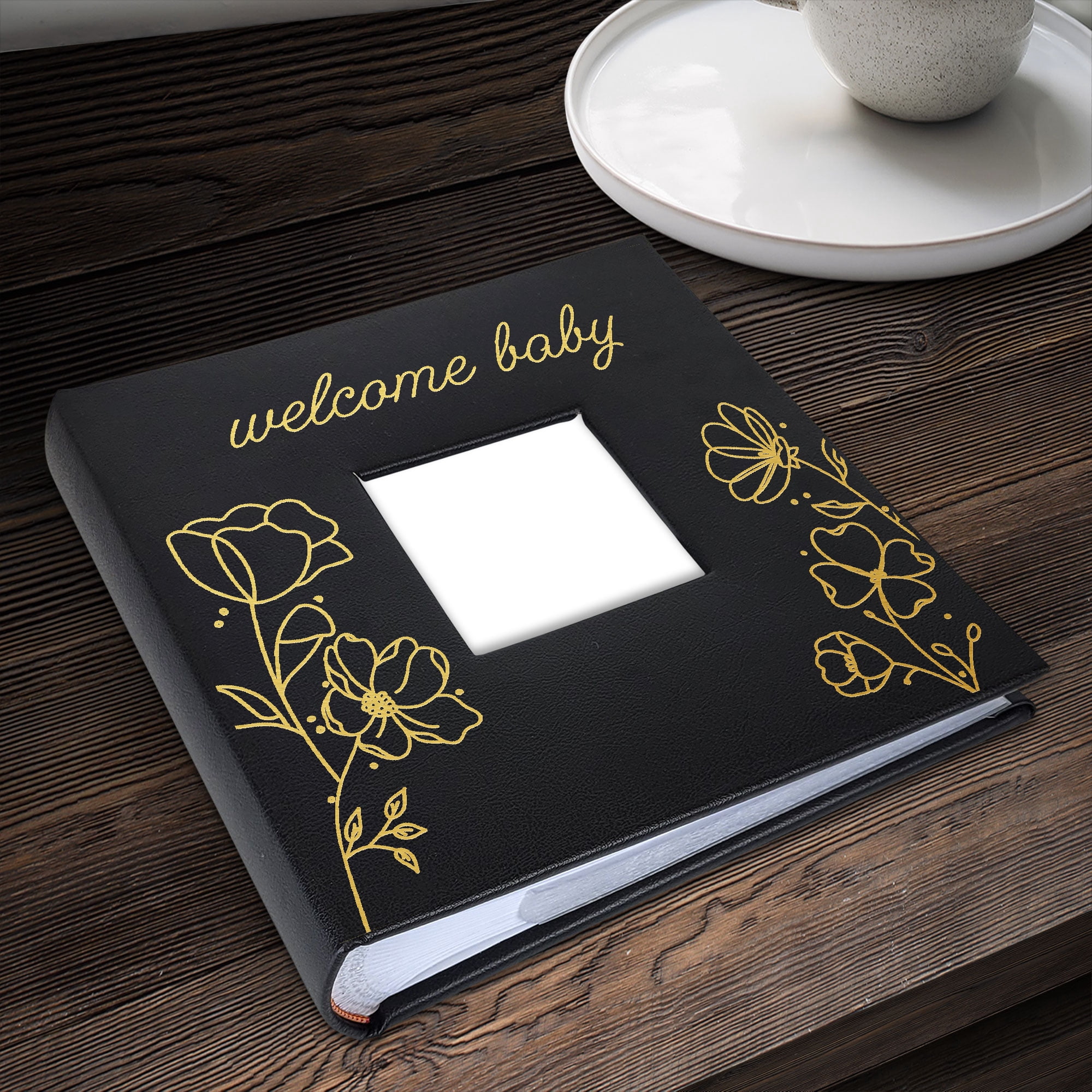 Giftsforyounow Personalized Welcome Baby Floral Print Black Leatherette Photo Album Keepsake