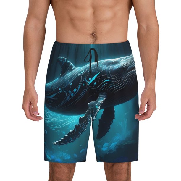 Balery Vintage Blue Pattern Whale Pantalones cortos de pijama de punto de algodón para hombre con cinturilla y bolsillos-X-Large