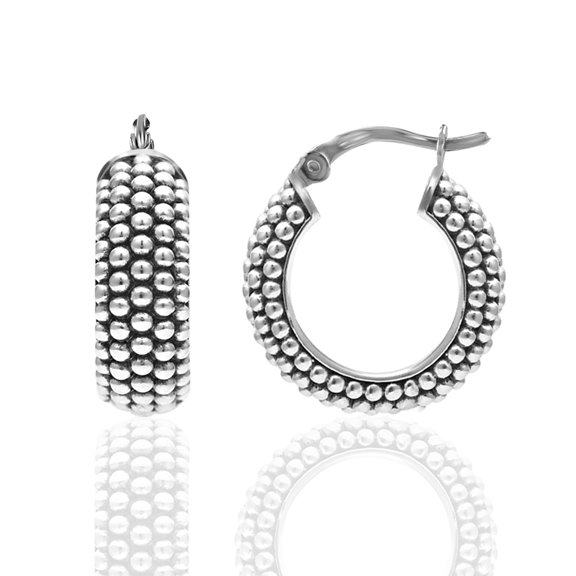 LeCalla 925 Sterling Silver Jewelry Light-Weight Click-Top Textured Beaded Antique Hoop Earrings for Women and Teen 20MM