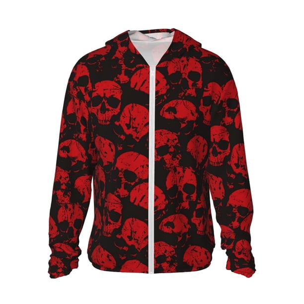 Fotbe Red Skulls Chaqueta con Protección Solar UPF 50+ para Hombre y Mujer, Camisa con Capucha y Bolsillos-XX-Large