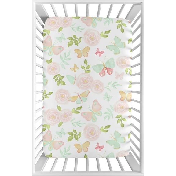 Sweet Jojo Designs Butterfly Floral Pink Green and White Mini Fitted Crib Sheet