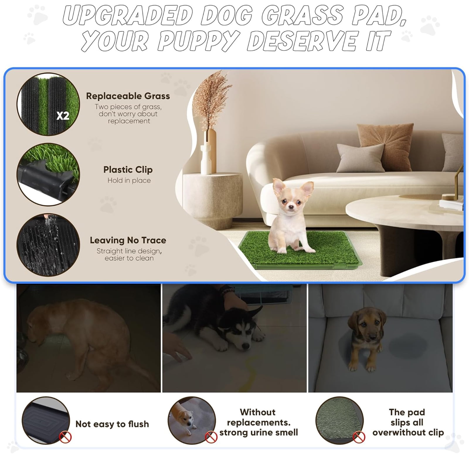 Dog Grass Pad with Tray,Reusable Training Pad with Replaceable Artificial Grass,Quick Absorbent Indoor Portable Dog Patio Potty,Washable Pee Pad For Puppy (Black Tray + 2 Grass Pads for Replacement)