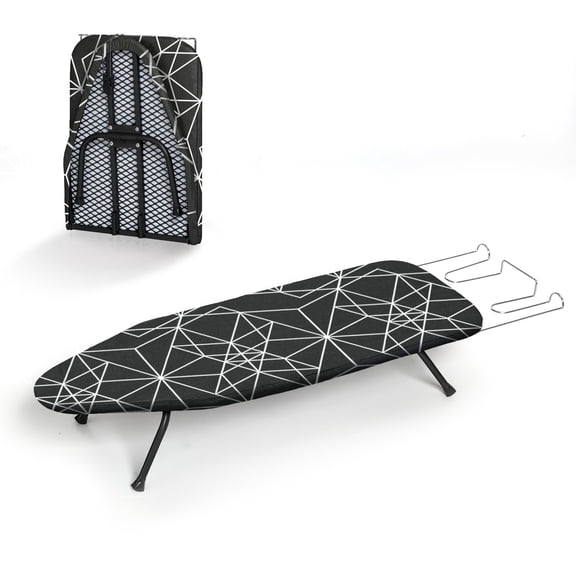 Mini Ironing Board Tabletop Foldable, RAINHOL Space-Saving Iron Board, Compact and Portable for Travel and College, with Hook and Iron Holder, Steel Mesh, 31" x 12", Black and White Stripes