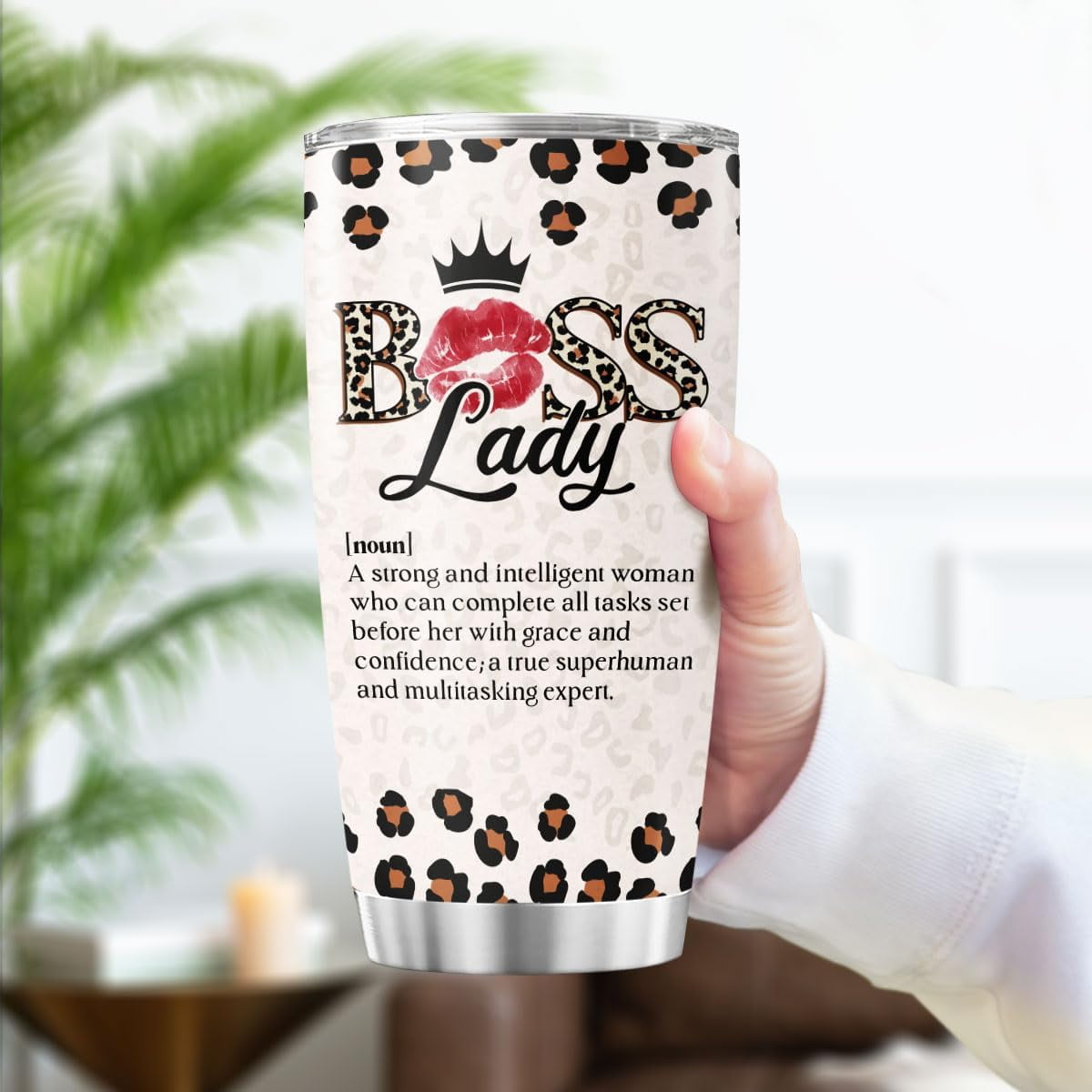 Boss Lady Definition Cup for Women, Leopard Print Lips Crown Design 20oz Stainless Steel Coffee Tumbler, Inspirational Gift for Female Leaders, Coworkers, Friends