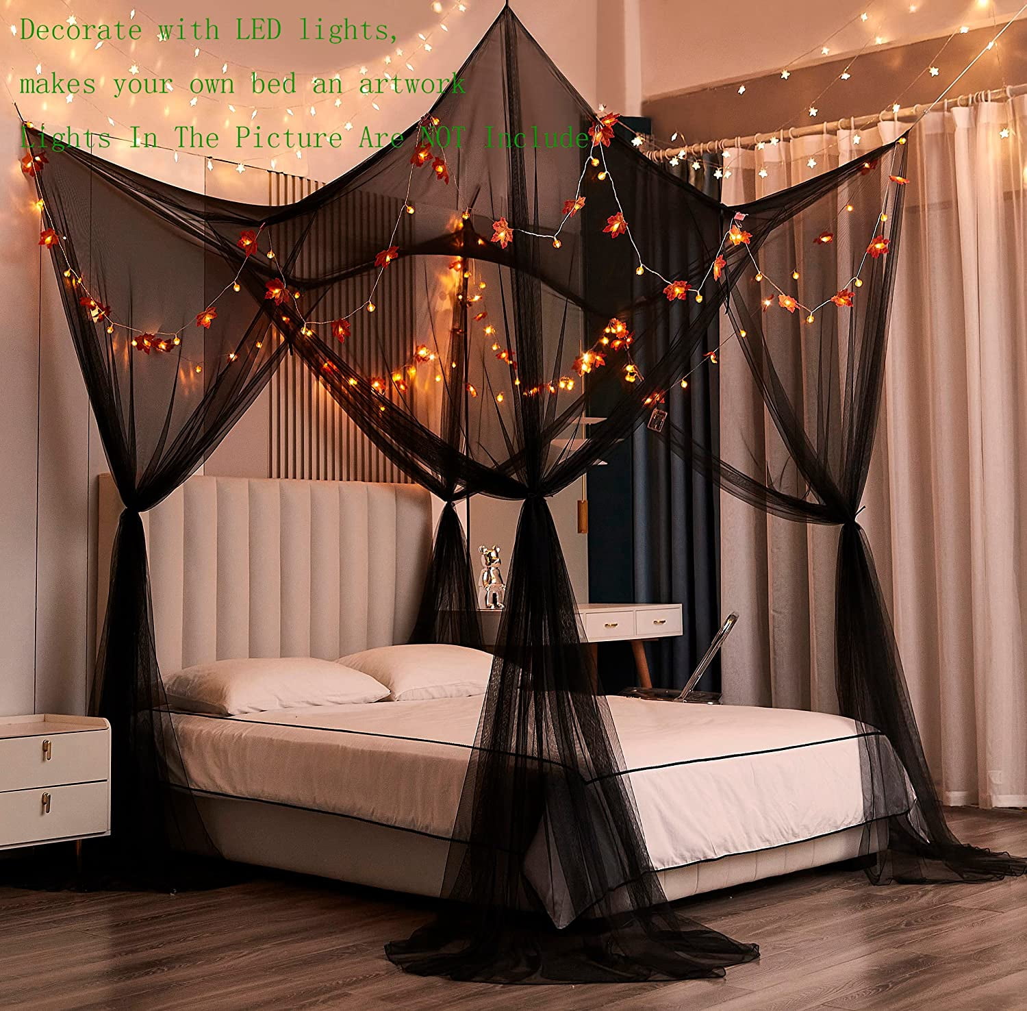 CAILDANL Bed Canopy,Canopy Bed Curtains Bed Drapes for Full Queen King Size Bed,Mosquito Net Bed Curtains for Patio Indoor Outdoor Net,Black Bed Canopy Curtains for Gothic