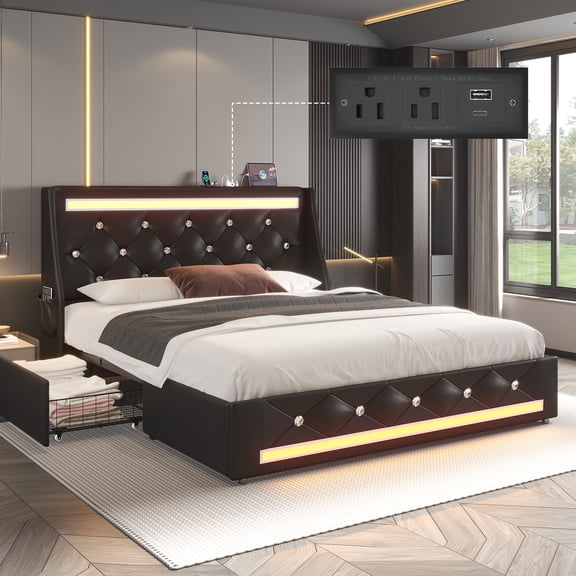 E-motie Full Bed Frame with 2 Storage Drawers, Upholstered Headboard with LED Light & Charging Station, Diamond Tufted Style, Pu Leather, Black