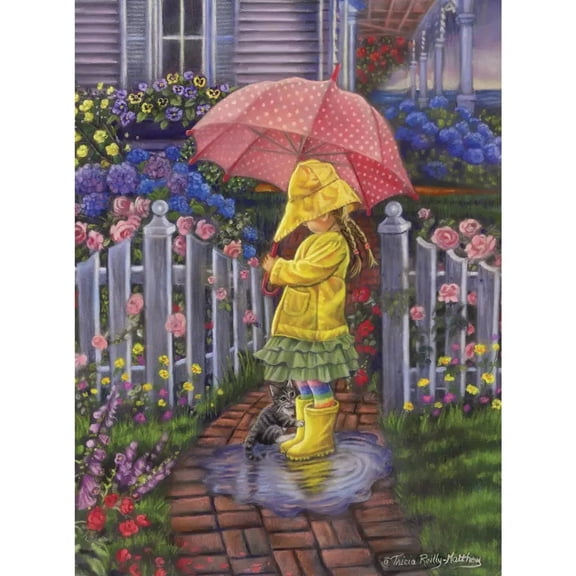 Bits and Pieces – Rainy Day Friends 300-Piece Large Piece Jigsaw Puzzle, 18" x 24", Girl and Kitten Scene by Tricia Reilly-Matthews