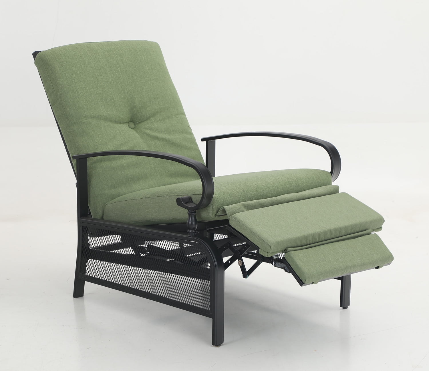 Phi Villa Adjustable Black Metal Outdoor Recliner with Green Cushions