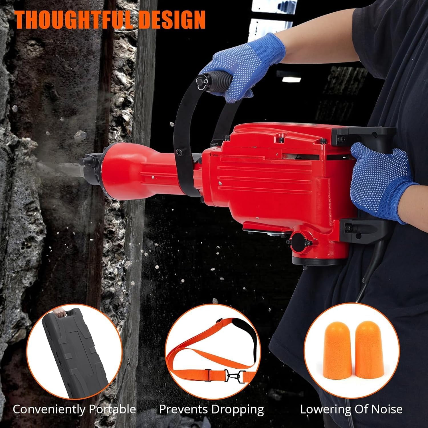 Demolition JackHammer, 2200W, 1400 BPM Electric Jack Concrete Breaker, 4pcs Chisels Bit Chipping w/Case, Noise-Canceling Earplug, Shoulder Strap,Gloves