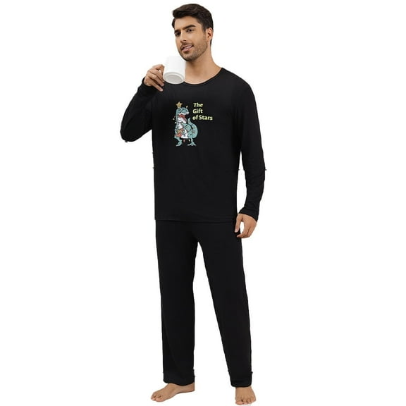 Men's long-sleeved long-pants pajama set with unique print, casual and loose fit, suitable for wearing outside as well as at home.