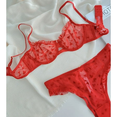 HHH New Sexy Lace Thin Underwear See-through Heart Shape Printed Lingerie Set Large Boob Size Concealing Bra