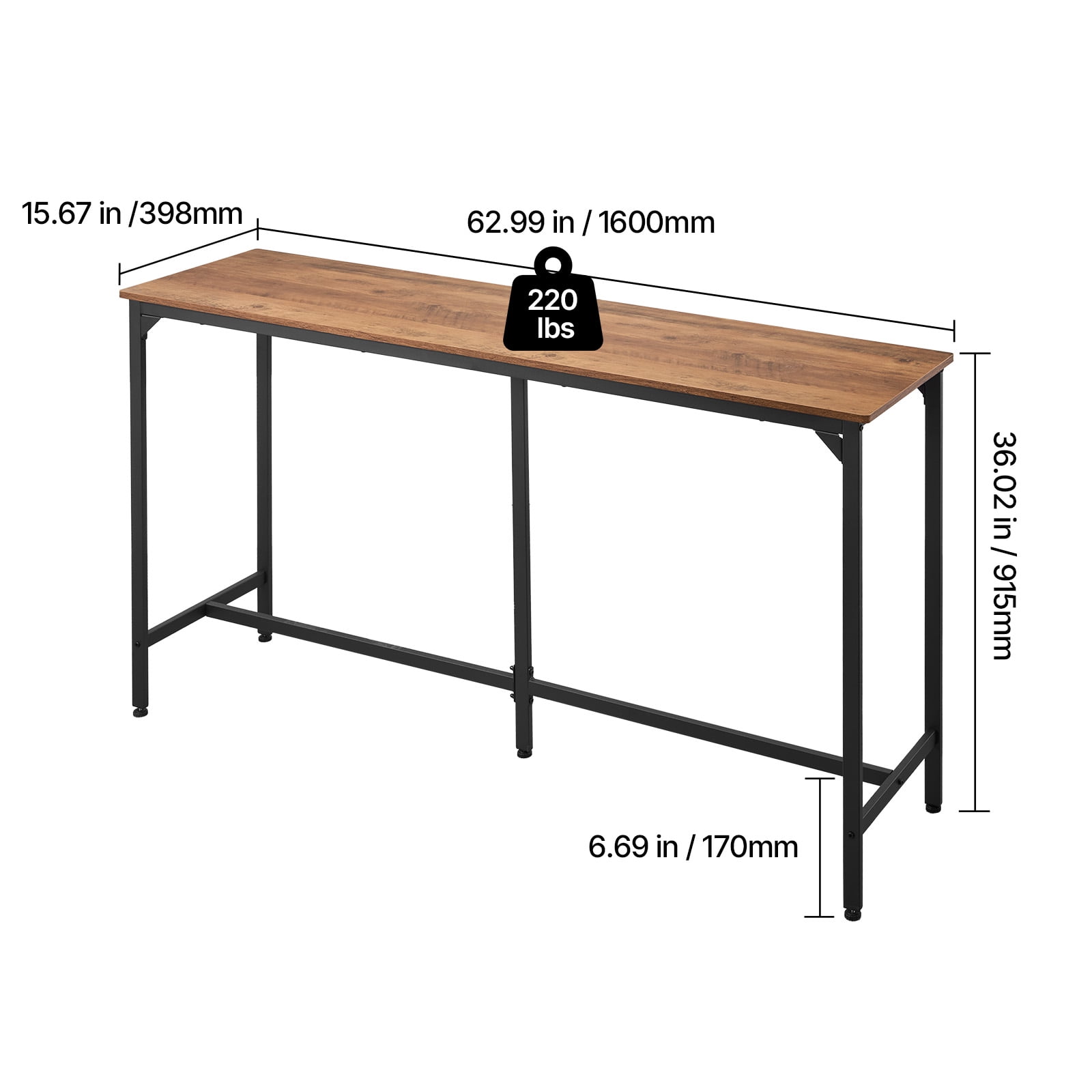 VEVOR Bar Table, 1PCS 63″ Kitchen Bar Table, Tall Dining Tables with Rounded Edge, Rectangular High Top Kitchen Tables for Balcony, Living Room, Light Brown, Black, Extended Horizontal Design