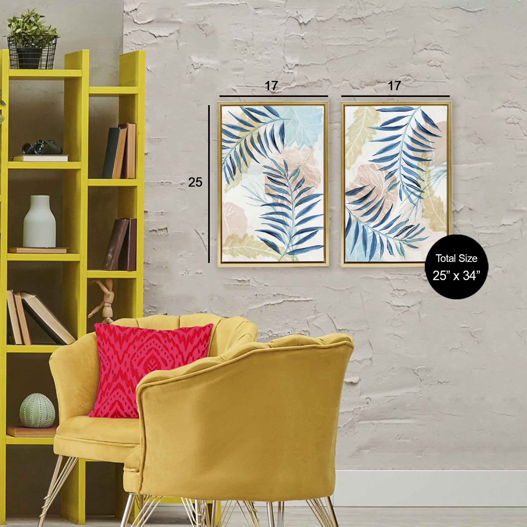Stupell Industries Pastel & Blue Palm Fronds 2 Piece Gold Framed Floater Canvas Set, design by Nan