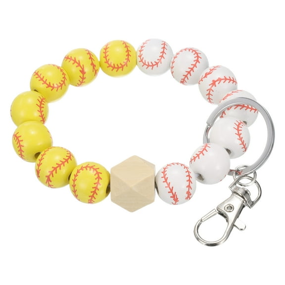 Uxcell Tennis Charm Wristlet Keychain Wooden Bead Sports Charm Bracelet Yellow White