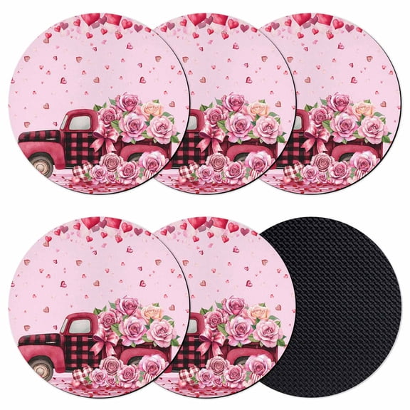 Valentine's Day Coasters Set of 6, Absorbent Coasters for Drinks, Romantic Love Roses Truck Ombre Pink Coaster for Desk Coffee Table Protection, Home Decor House Warming Gifts 4"