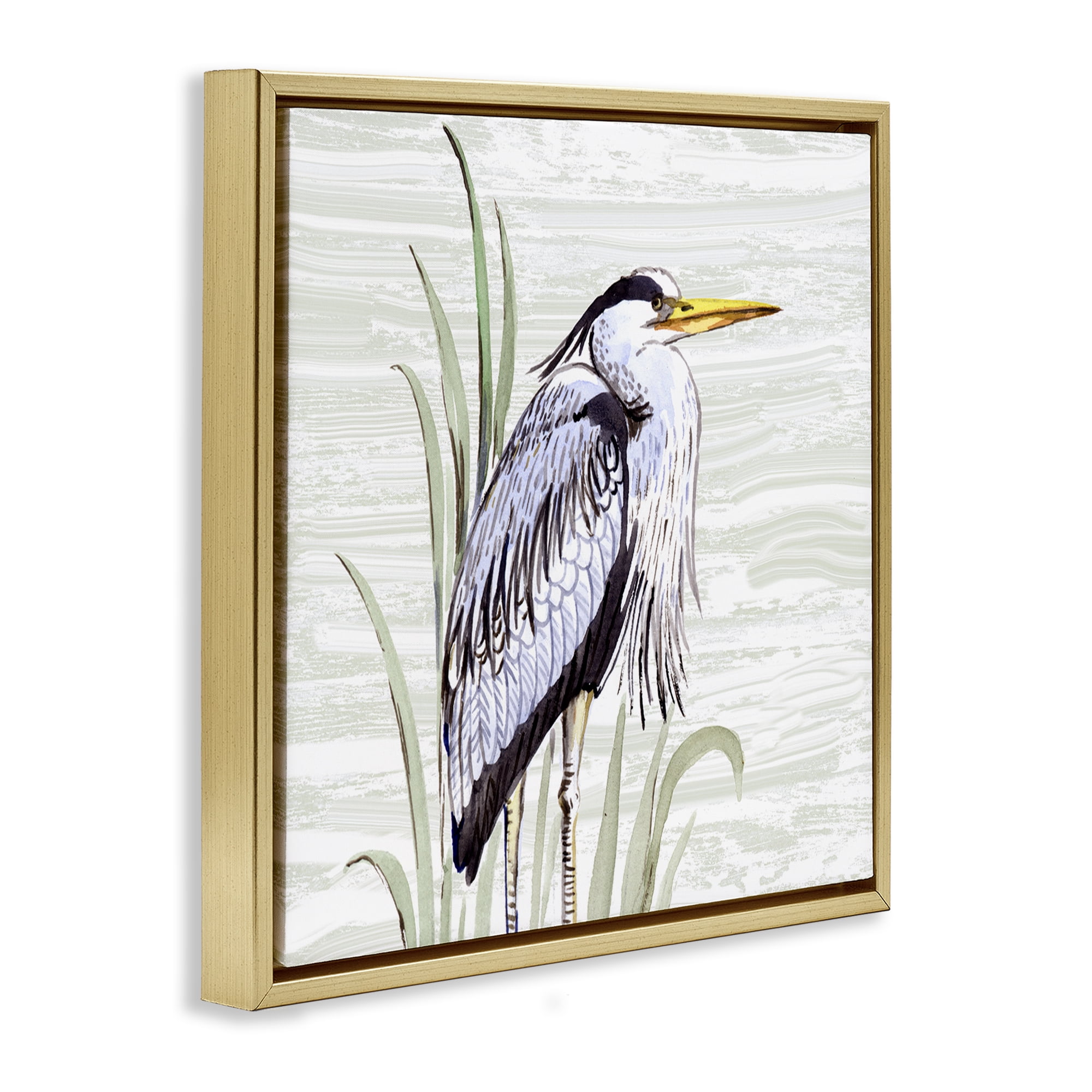 Stupell Industries Beach Bird Elegant Heron Animals Painting Gold Floater Framed Canvas Art Print Wall Art, 18 x 18