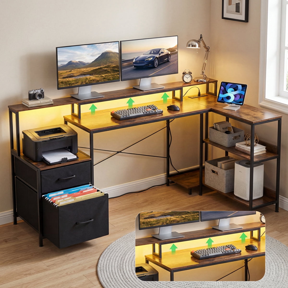JIOABL Reversible L-Shaped Office Desk with Power Outlet, LED Light, Storage Drawer & Bookshelf, Rust