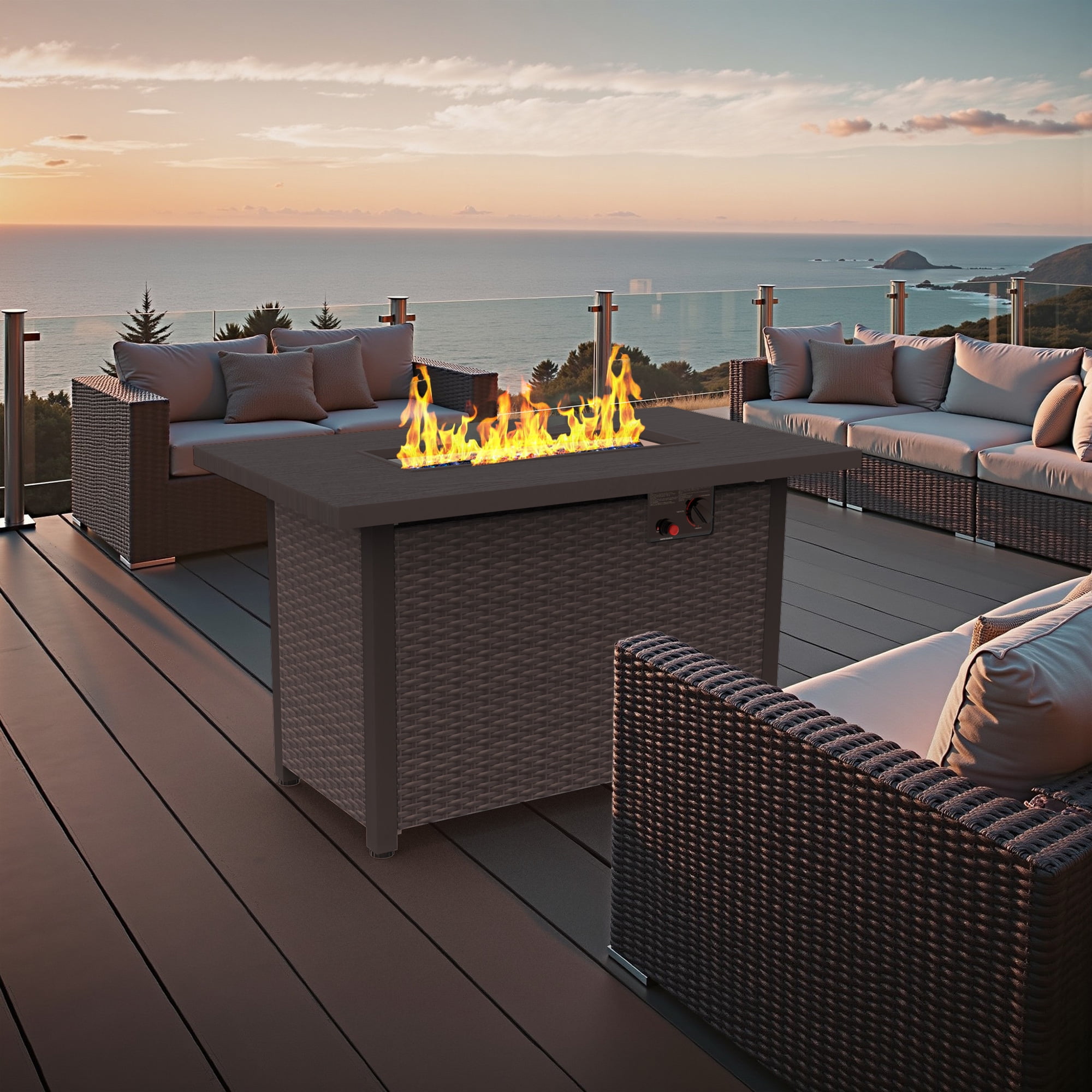 42" Propane Fire Pit, 50,000 BTU Auto-Ignition Gas Fire Pit Table, Outdoor Fire Tables with Lid and Glass Stone for Outside, Garden, Backyard