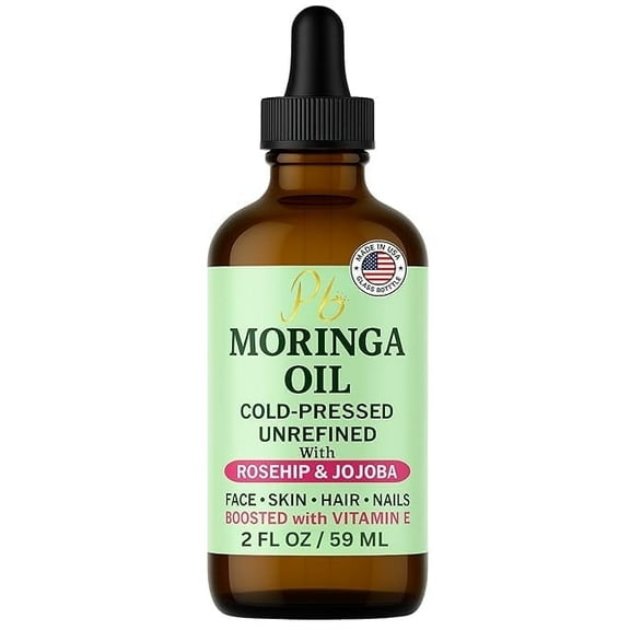 Moringa Face Oil, Unrefined & Hexane-Free, Anti-Aging Facial Serum with Moringa, Rosehip, Jojoba, Vitamin E, 2 fl oz